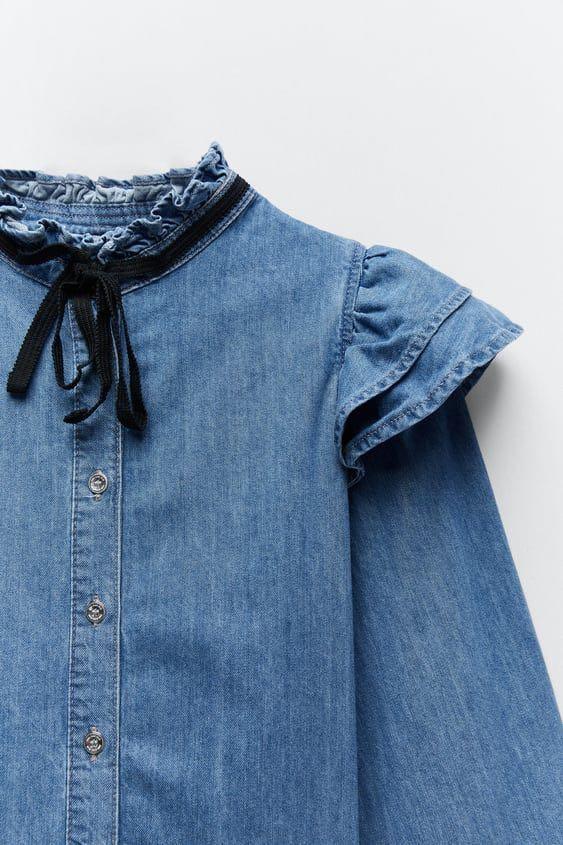 ZARA denim ruffled blouse, Fesyen 