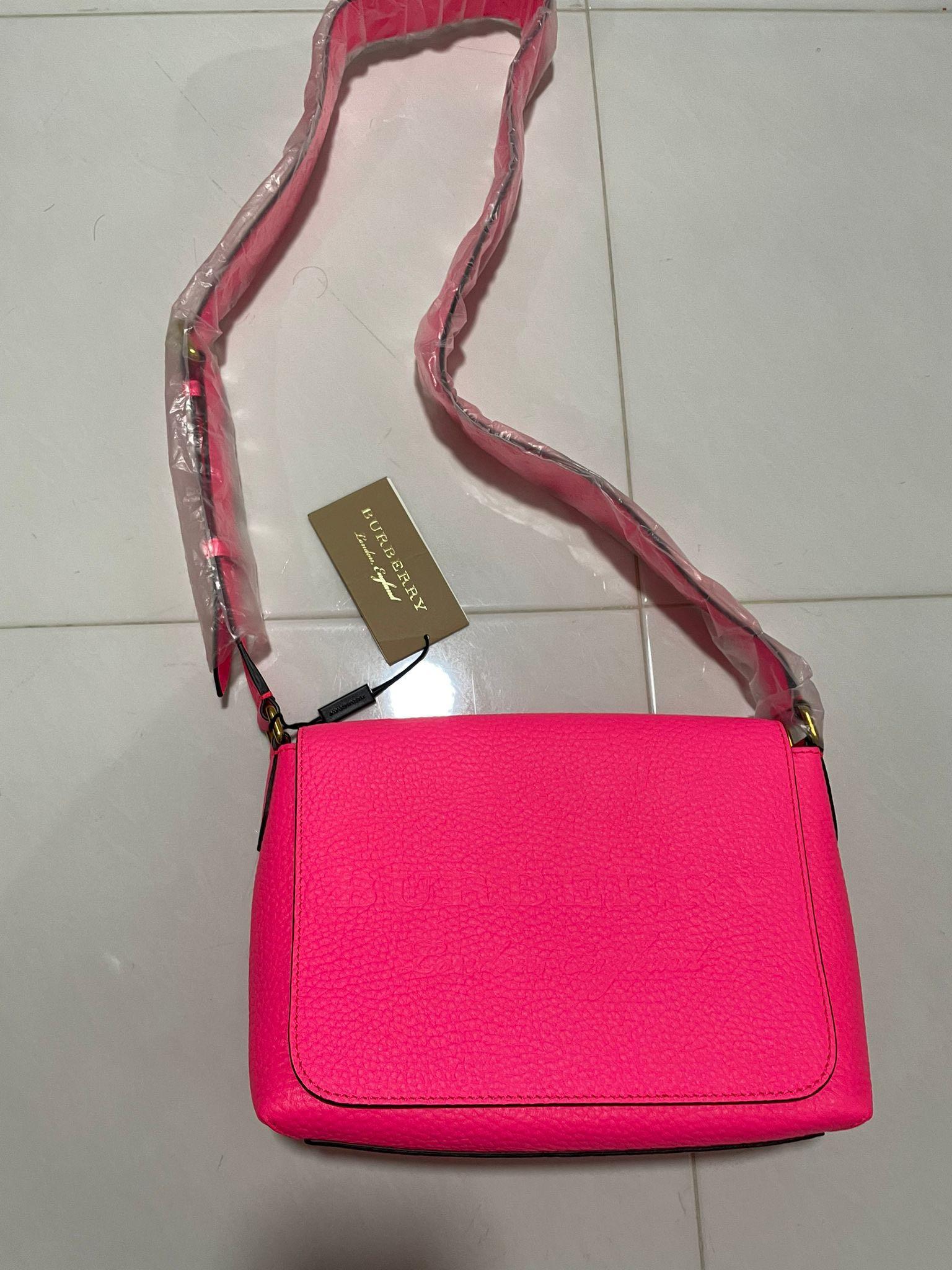 Burberry Neon Pink Logo Embossed Leather Handbag