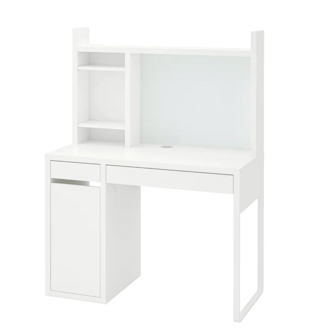 ikea study table (Category: Tables & Sets) located in Singapore. Submitted by miinghao (Listing ID 1152678962, Image 1). Description: ikea white micke table (comes exactly in this setup and configuration) condition 7/10, cabinet door doesn’t close smoothly, not for fussy buyers rtp around $200, selling at $50 table comes w a magnetic board, some small shelving on the table, a cabinet and 2 drawers measurements on the second slide (+ added height 
