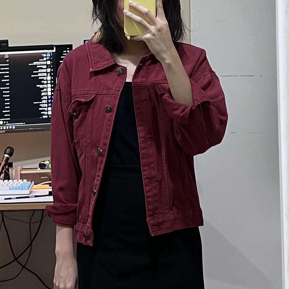 Maroon Denim Jacket, Women's Fashion 