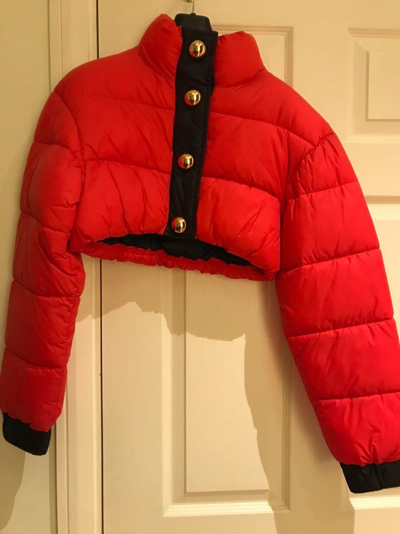Red cropped puffer jacket h&m best sale