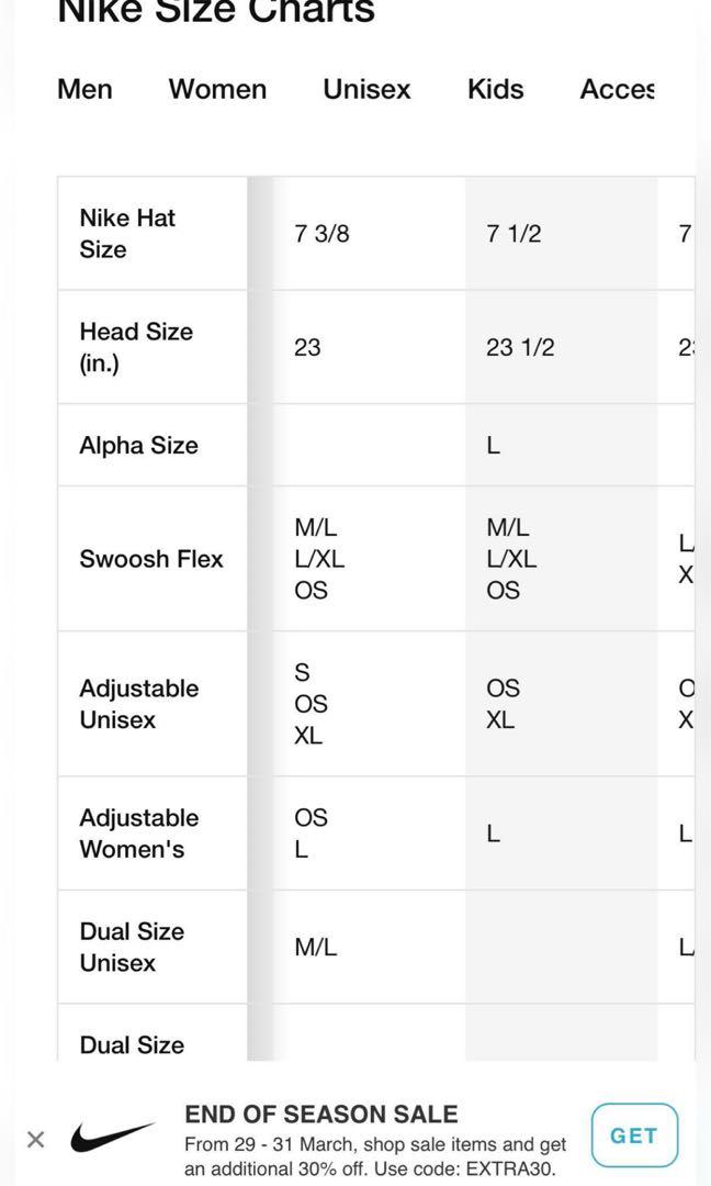 nike hat size chart