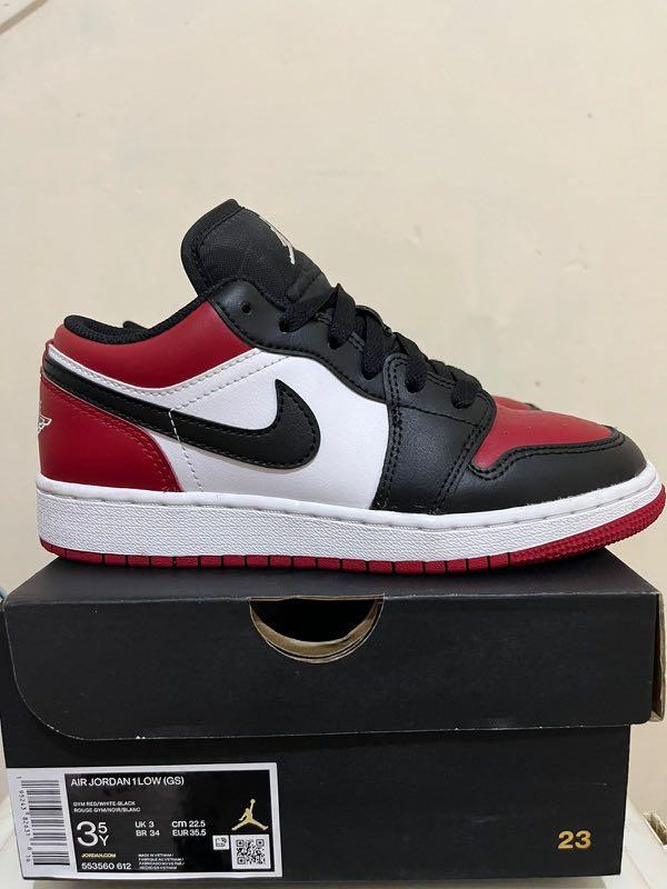 Nike Air Jordan Low Bred Toe GS, Fesyen Wanita, Sepatu di Carousell