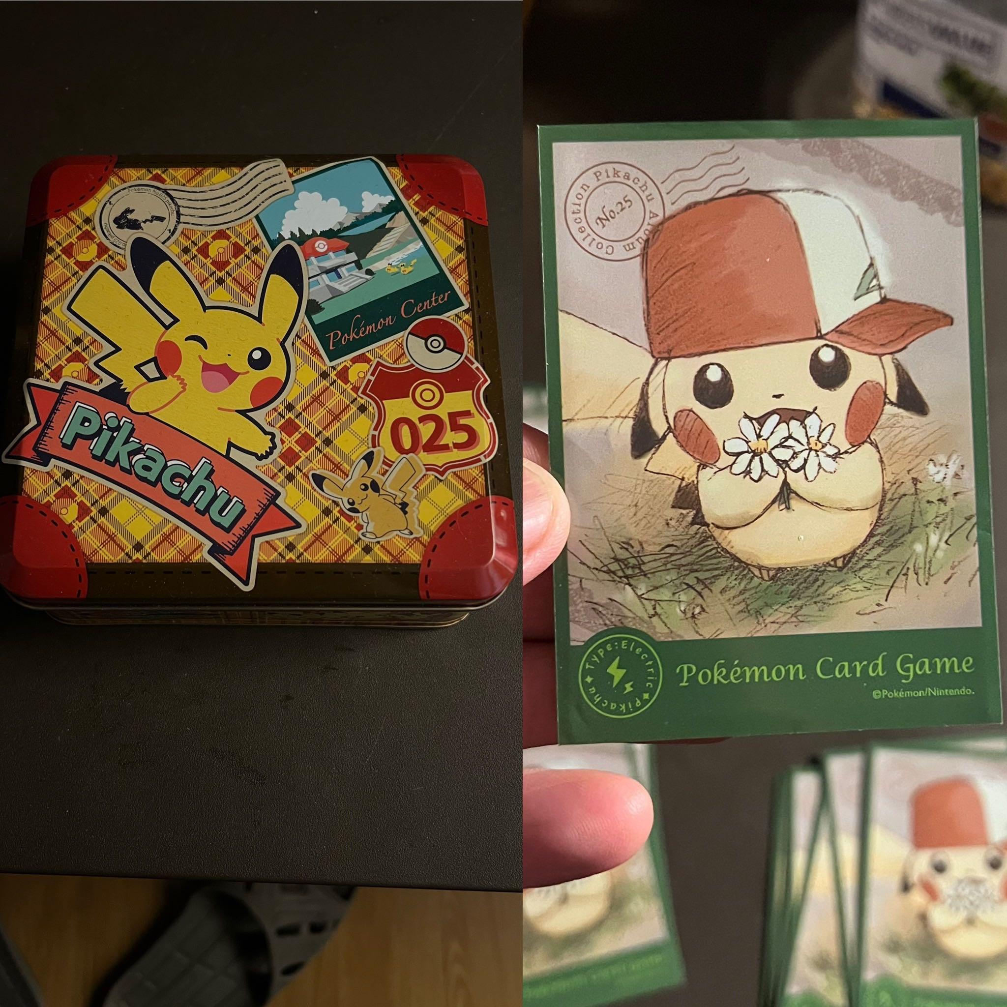 Pikachu Tin Can & Pikachu Card Sleeves (Category: Character Goods) located in Manila. Submitted by jdmtoys (Listing ID 1152678491, Image 1). Description: 1. Pikachu Tin Can Price: 600 2. Pikachu Card Sleeves (50pcs) Price: 500 AS IS - WYSIWYG Take all 1000 pesos.