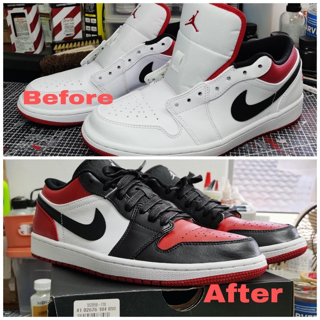 Air Jordan 1 Low gym red costume to bred toe colorway. Men s