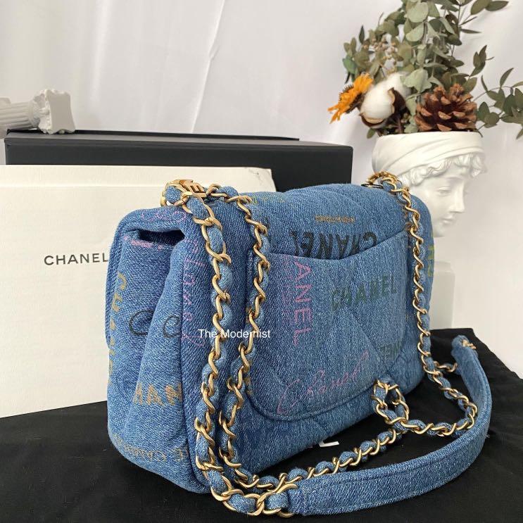 Authentic Chanel Printed Blue Denim Small Flap Bag