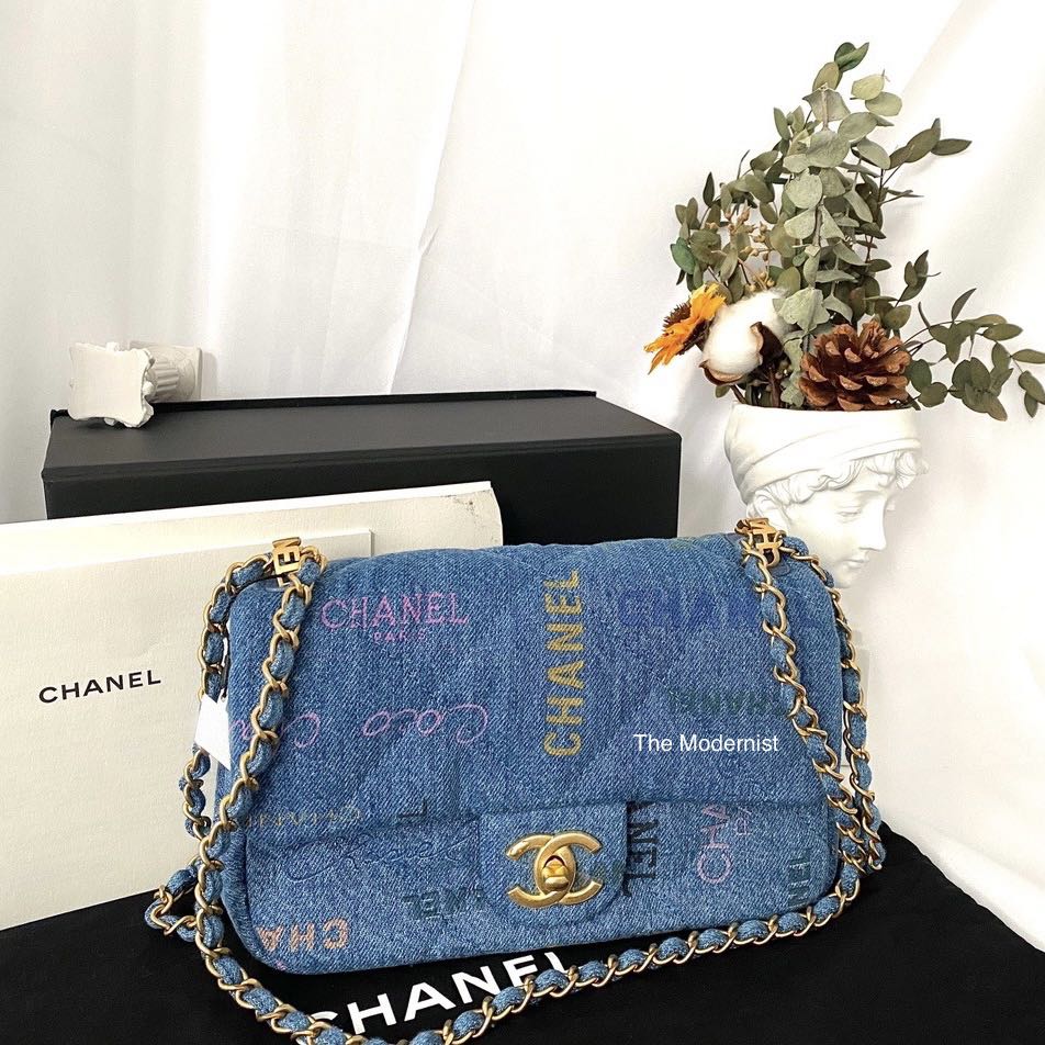 Authentic Chanel Printed Blue Denim Small Flap Bag, Luxury, Bags
