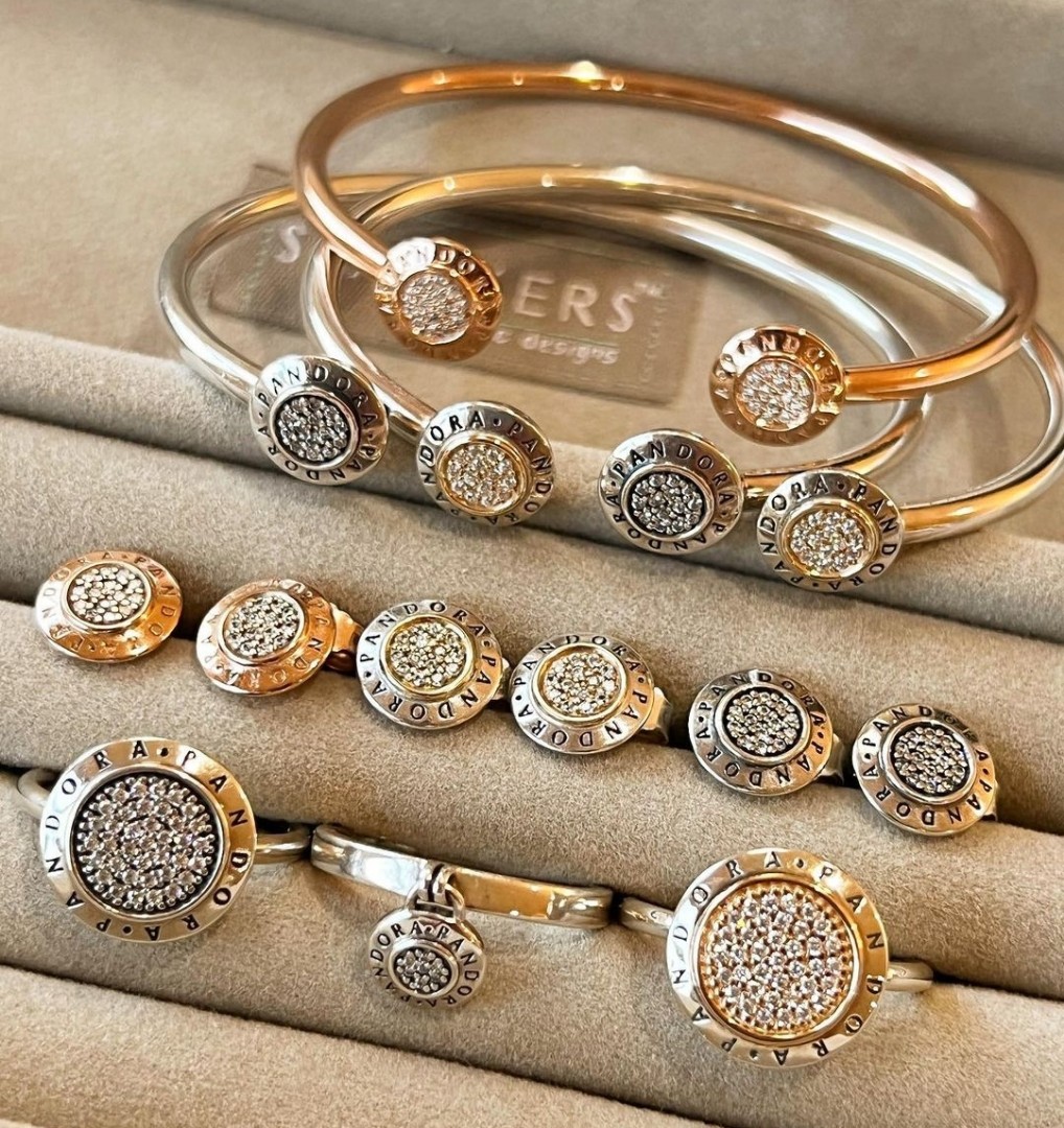 BIG SALE PANDORA AUTHENTIC TWO TONE LOGO OPEN BANGLE 2200 PANDORA LOGO STUD EARRINGS 950 LOGO RING BIG 1300 Women s Fashion Jewelry Organizers Bracelets on Carousell