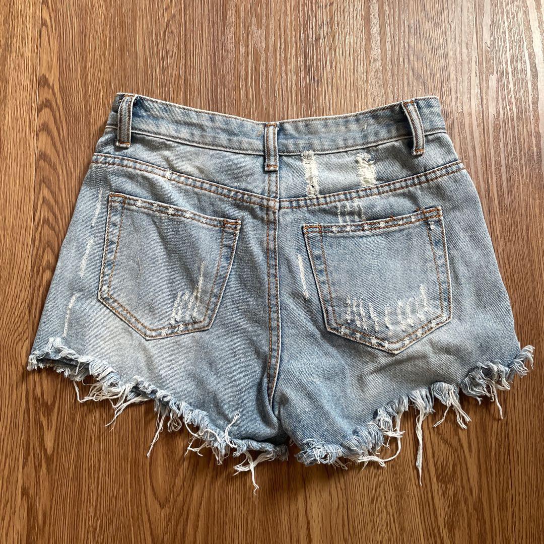 Blue Grey Highwaist Ripped Jeans Short 