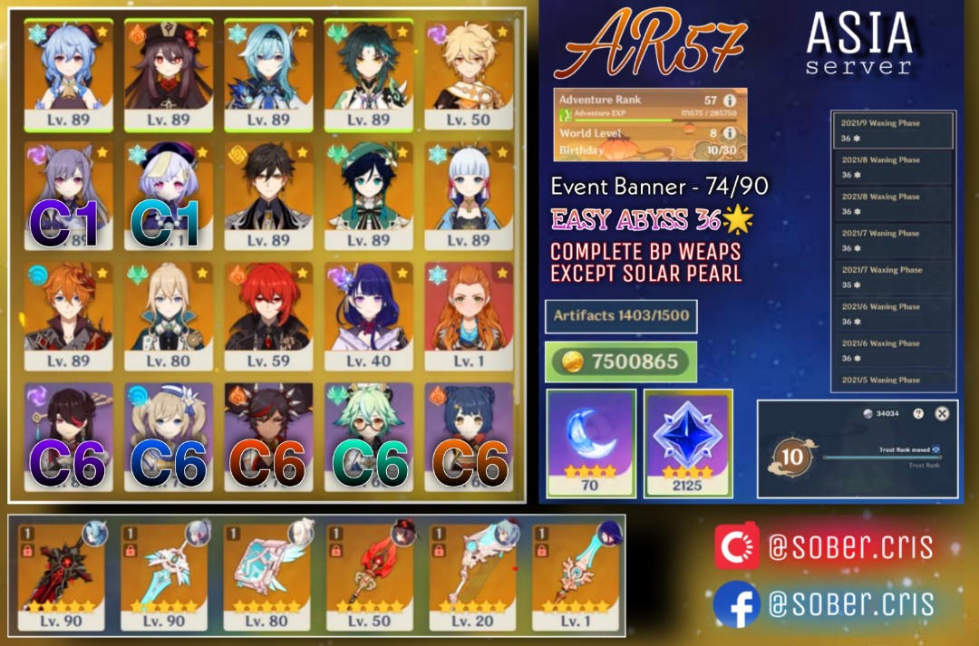 Genshin Impact Endgame Account AR57 ASIA SERVER Hutao Ganyu Eula