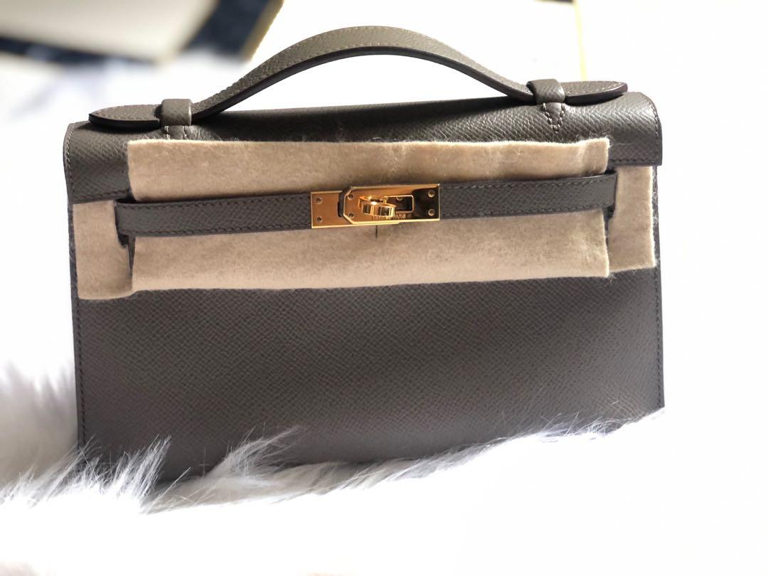 Hermes Kelly Mini Pochette Bag Epsom Leather Gold Hardware In Grey