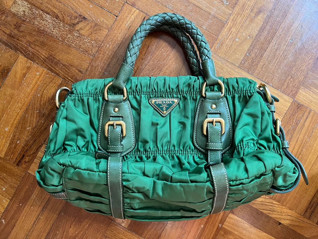 Prada Emerald Green ruched clutch bag, Luxury, Bags & Wallets on Carousell