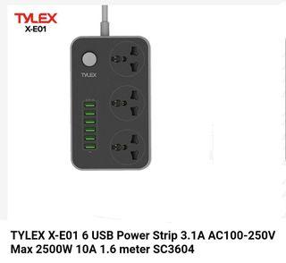 TYLEX X-E01 6 USB Power Strip 3.1A AC100-250V Max 2500W 10A 1.6 meter SC3604