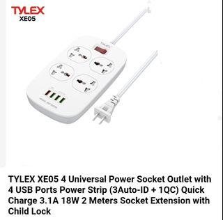 TYLEX XE05 4 Universal Power Socket Outlet with 4 USB Ports Power Strip (3Auto-ID + 1QC) Quick Charge 3.1A 18W 2 Meters Socket Extension with Child Lock
