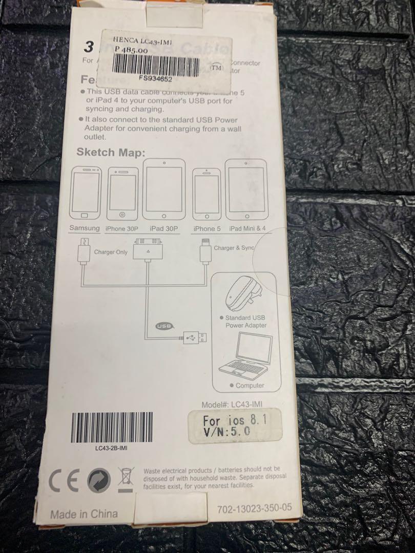 3 in 1 Usb Cable Cellphone Charger (Category: Chargers & Cables) located in Pasay City. Submitted by ayinong168 (Listing ID 1156429958, Image 2). Description: Item is in excellent condition mint still in box 2 pcs available pm for inquiries.