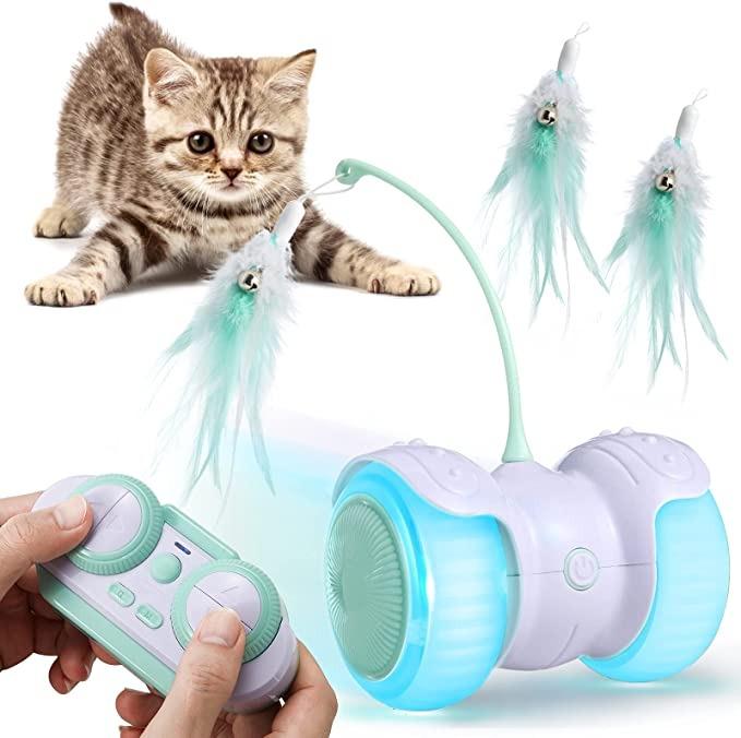 Automatic Irregular USB Charging 360 Degree Self Rotating Ball Toys for Cats/Kitten Pidsen Interactive Robotic Cat Toys 2 in 1 Manual Remote Control Led Light Feathers Cat Toy Ball