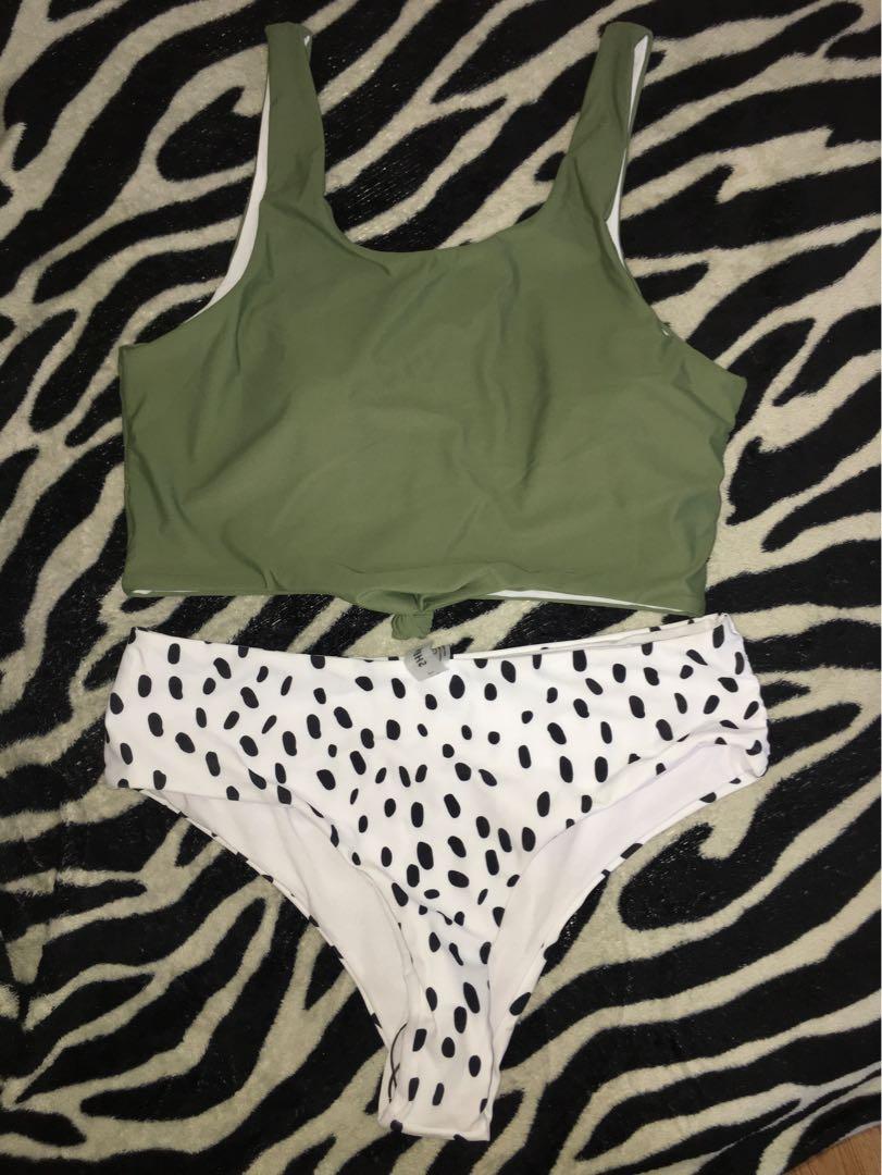 Apple Green Bikini Top with Cow-print Bottom (Category: Bikinis & Swimsuits) located in Pasay City. Submitted by declutternoob06 (Listing ID 1156437164, Image 2). Description: With protective hygiene sticker. Large on tag..