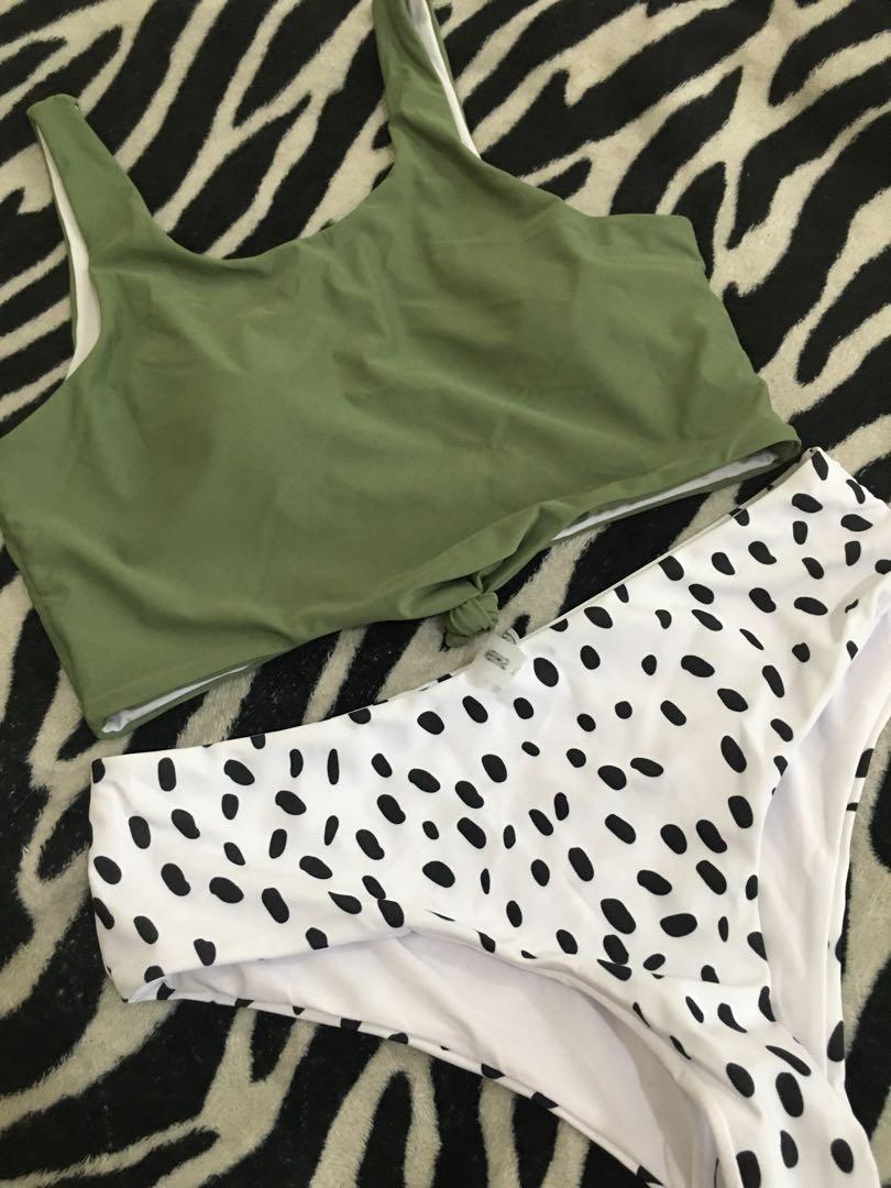 Apple Green Bikini Top with Cow-print Bottom (Category: Bikinis & Swimsuits) located in Pasay City. Submitted by declutternoob06 (Listing ID 1156437164, Image 1). Description: With protective hygiene sticker. Large on tag..