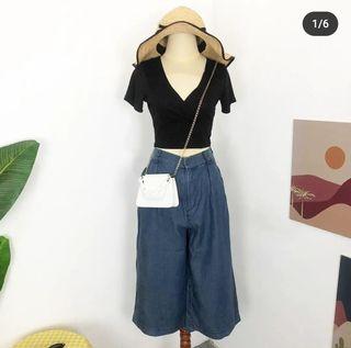 Celana jeans denim kulot high waist midi korea