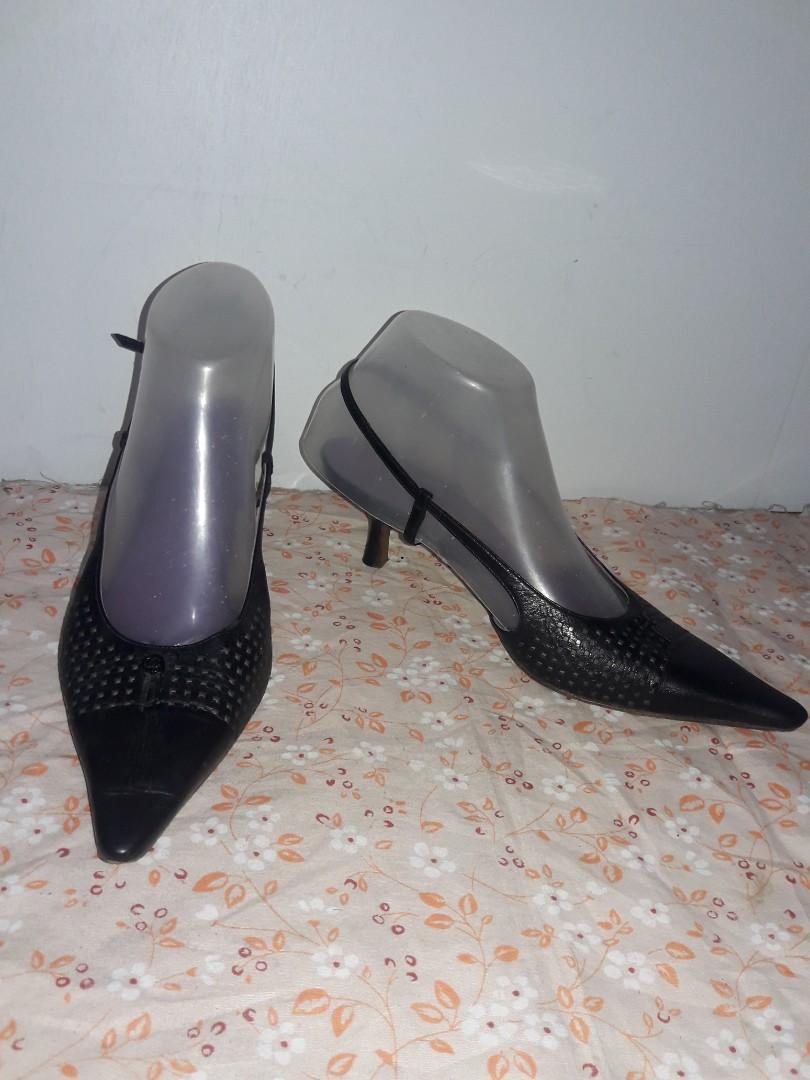 CHANEL black mesh leather low heels slingback shoes