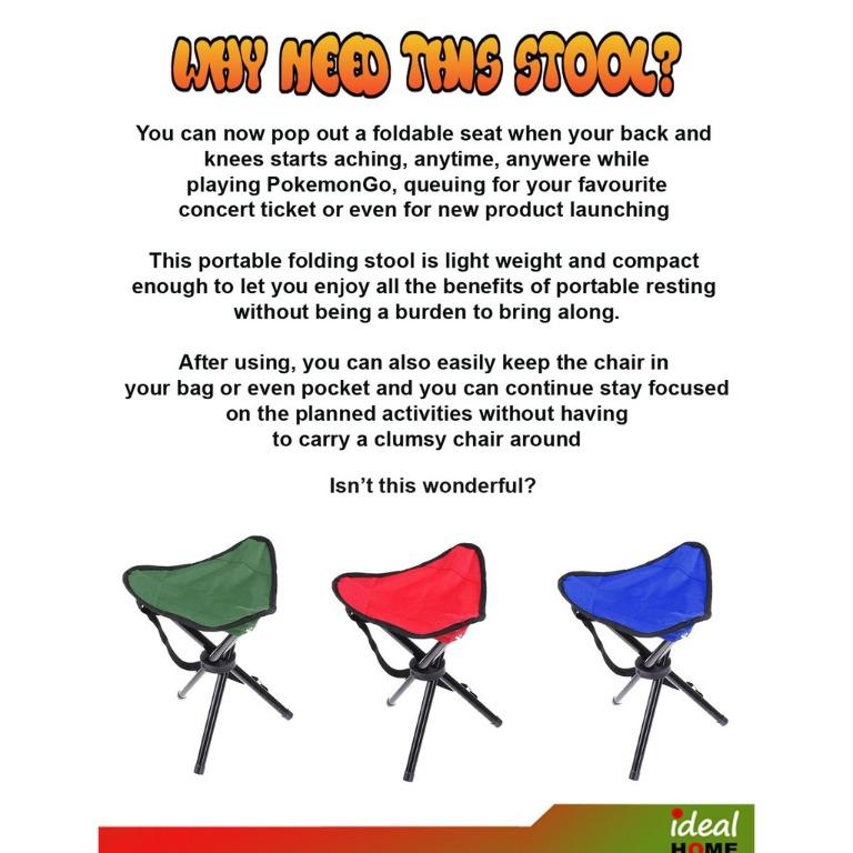 Folding Chair Queue Waiting Pocket Tripod Stool Light Weight Easy