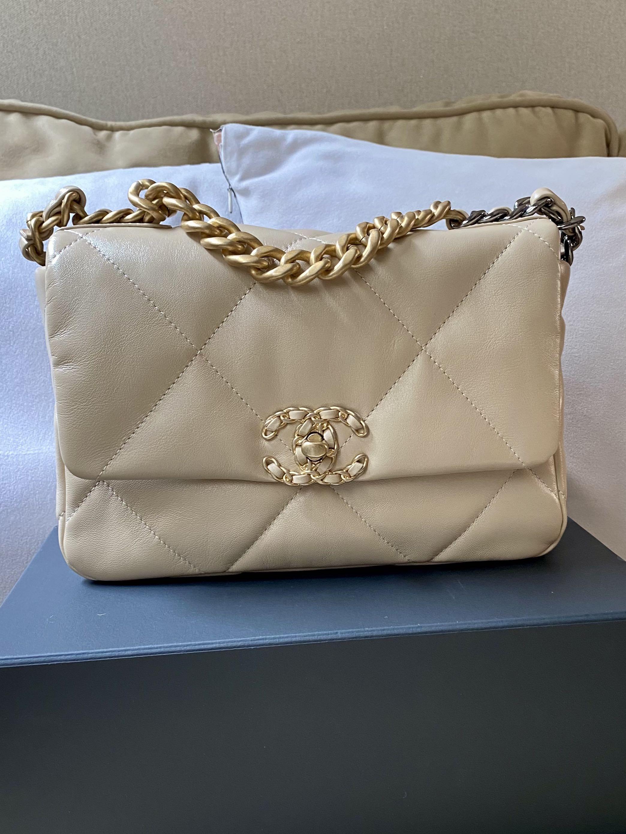 NEW CHANEL 19 SMALL 22S LIGHT BEIGE LAMBSKIN LEATHER CLASSIC FLAP BAG GOLD  NUDE chain purse, Women's Fashion, Bags & Wallets, Cross-body Bags on  Carousell