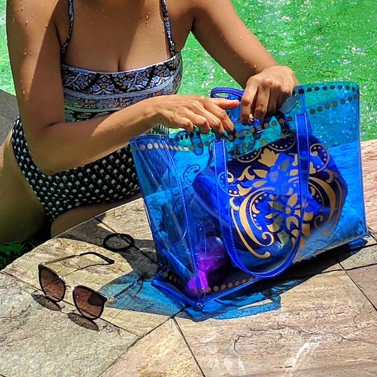 FREE DELIVERY PVC Beach or Pool Tote bag with a detachable suede pouch inside
