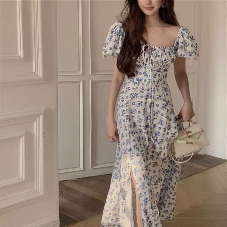 Sexy hot date night picnic Cute kawaii girly aesthetic vintage retro chic blue white puffy sleeve Off Shoulder Floral flowers long large slit Dress