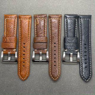 ‼️CLEARANCE SALES‼️ 24MM CALF LEATHER WATCH STRAP WITH FLORAL EMBOSSING (SOFT LEATHER) - LIGHT BROWN/ BROWN/ BLACK. suitable for all 24mm lug watches, straps sold by us fitted on customer’s panerai luminor mariner radiomir as seen in pic5-9