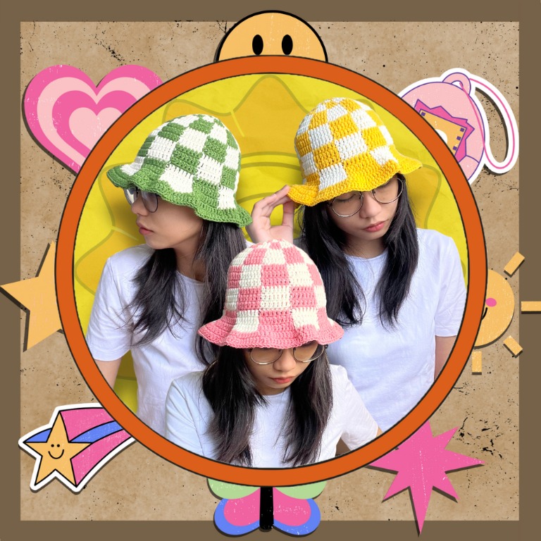 Crochet Checkered Bucket Hat Wavy Brim (Liza Soberano Hat), Women's