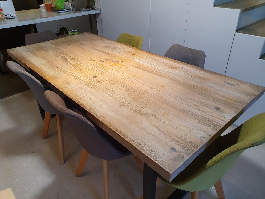 Dining table (Category: Tables & Sets) located in Singapore. Submitted by favlos (Listing ID 1156648033, Image 1). Description: Moving house, letting go custom made industrial shic hardwood dining table. Ive used it for a few years and it is still in good condition. The wood is smooth and durable, and the metal frame cum legs is not damaged. I can throw in the chairs for free if you can take them length: 185cm breadth: 85cm height: 75cm Please ar