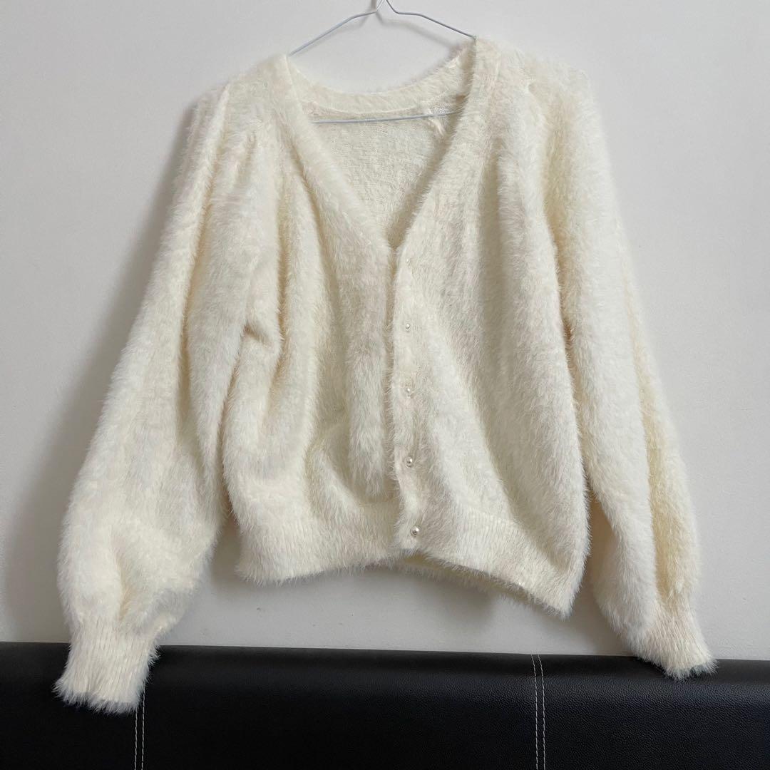 Fluffy Cardigan Knitwear Cream Colour Women s Fashion Tops
