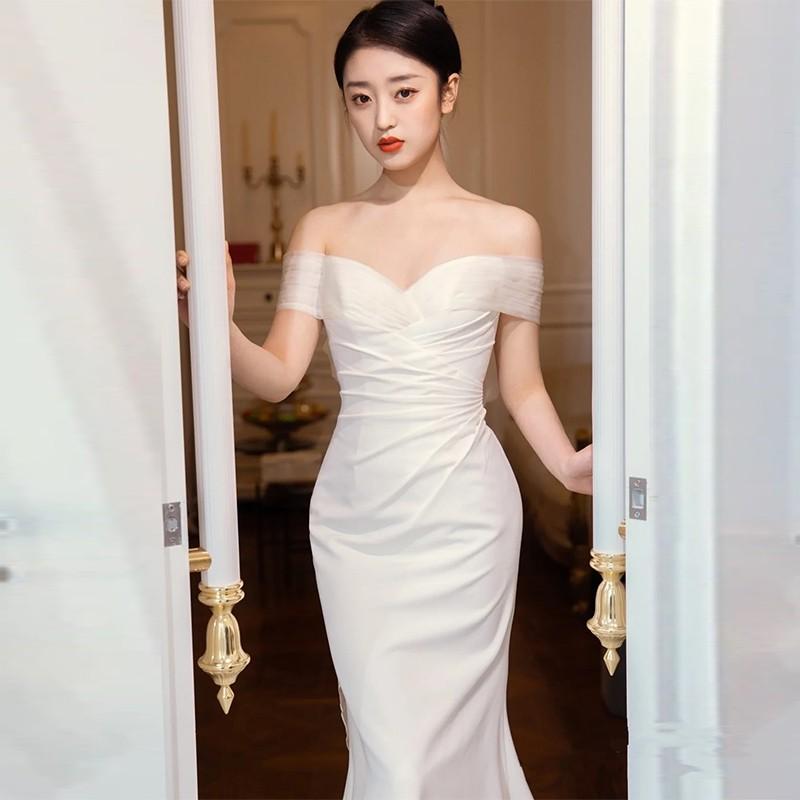 Korean Style Wedding Gown Off Shoulder, Women'S Fashion, Dresses & Sets,  Dresses On Carousell