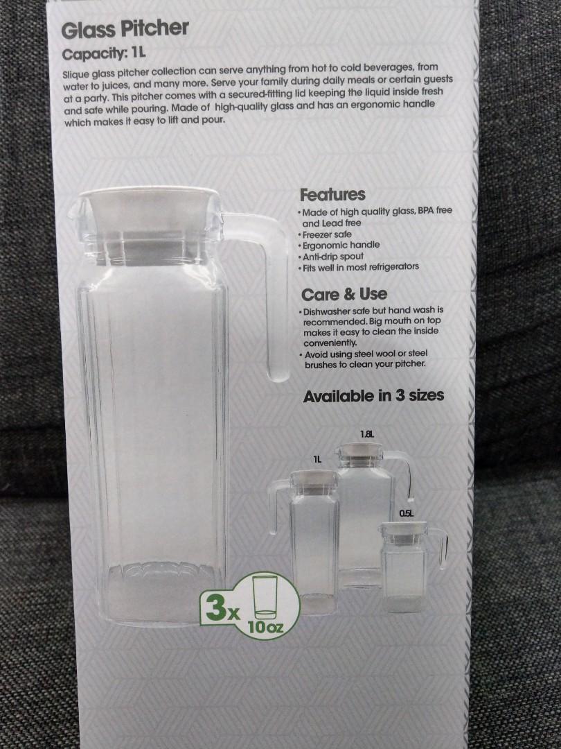 Slique Premium Glass Pitcher with Lid 1,000ml BPA FREE Lead Free, Furniture & Home Living
