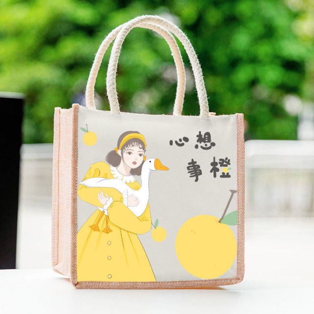 Tas jinjing kain rami lukisan kartun ala jepang, Fesyen Wanita, Tas ...