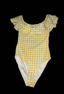 yellow checkered temt ruffled body suit