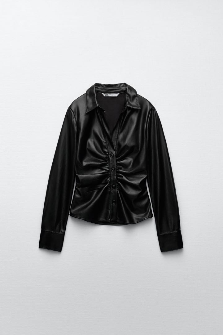 Zara Faux Leather Shirt Women S, Black Leather Top Zara