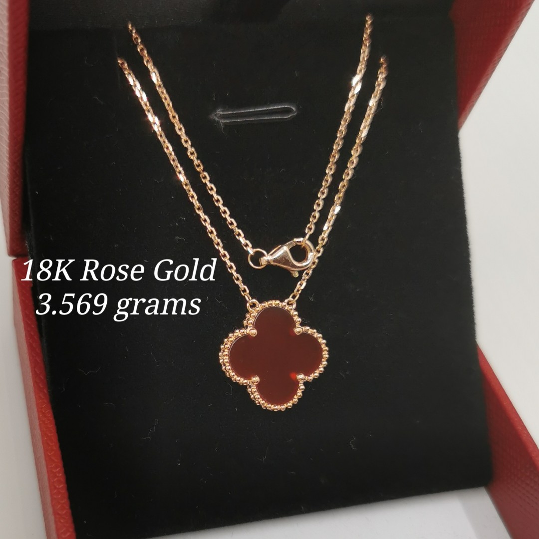 18K Rose Gold Four Leaf Clover Necklace Red Clover, Women's