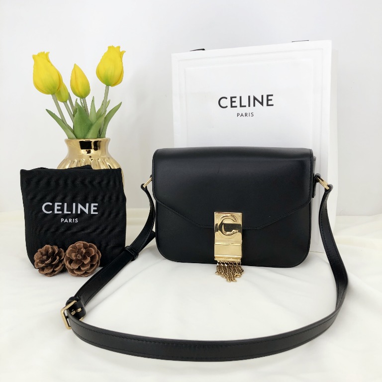 Celine C Shiny Calfskin Shoulder Bag Small with Pampille- Black