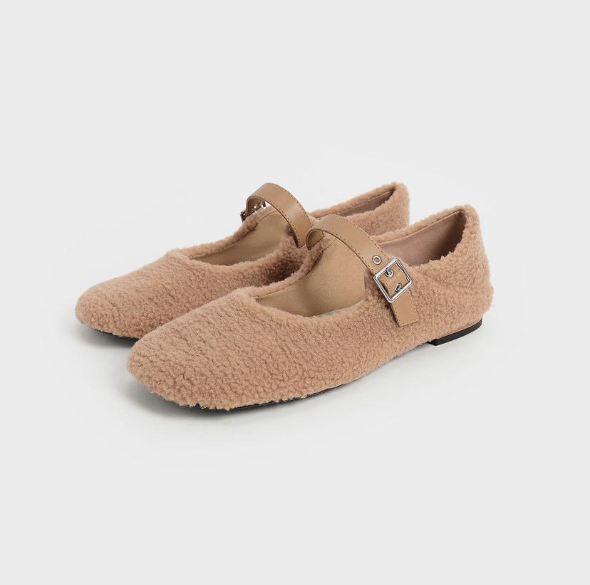 Charles Keith Furry Mary Jane Flats in Camel Size 39 Women s