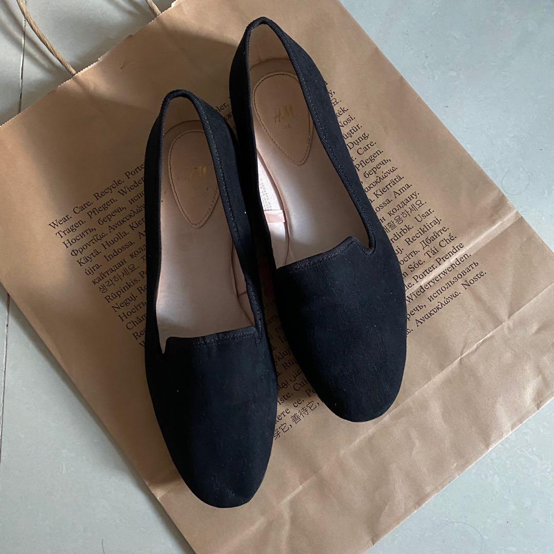 H M flat shoes loafer hitam suede Fesyen Wanita Sepatu di Carousell