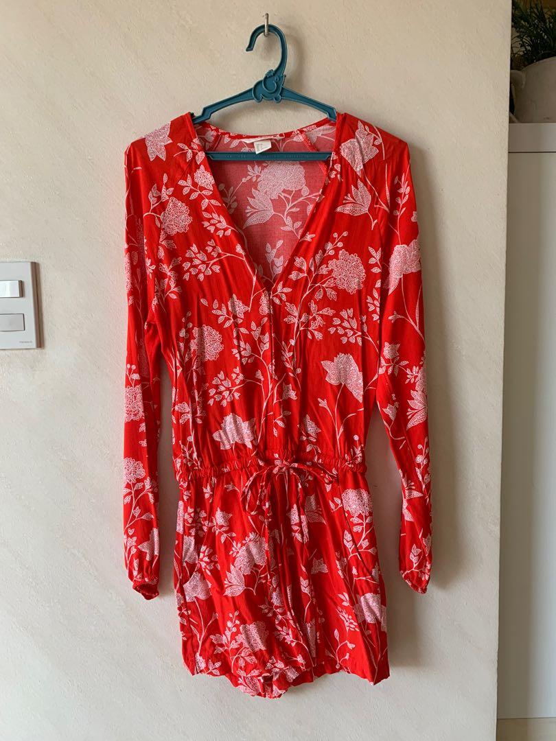 H M Red Floral Playsuit
