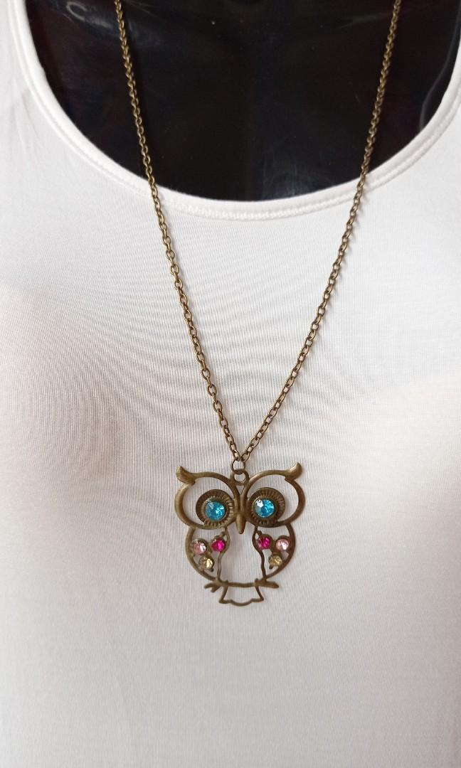 Ladies Owl Necklace with Long Chain Rhine Crystal Beads Stones Pendant Jewellery 