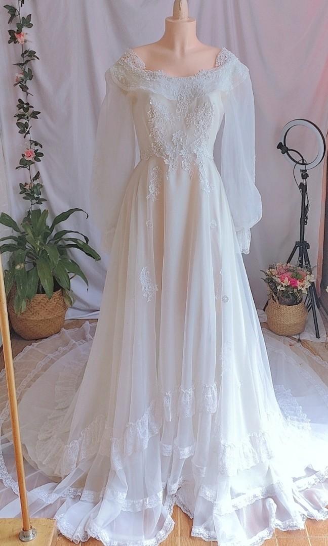 Vintage Puff Sleeve Wedding Gown Long Trail Women s Fashion Dresses Sets Evening Dresses