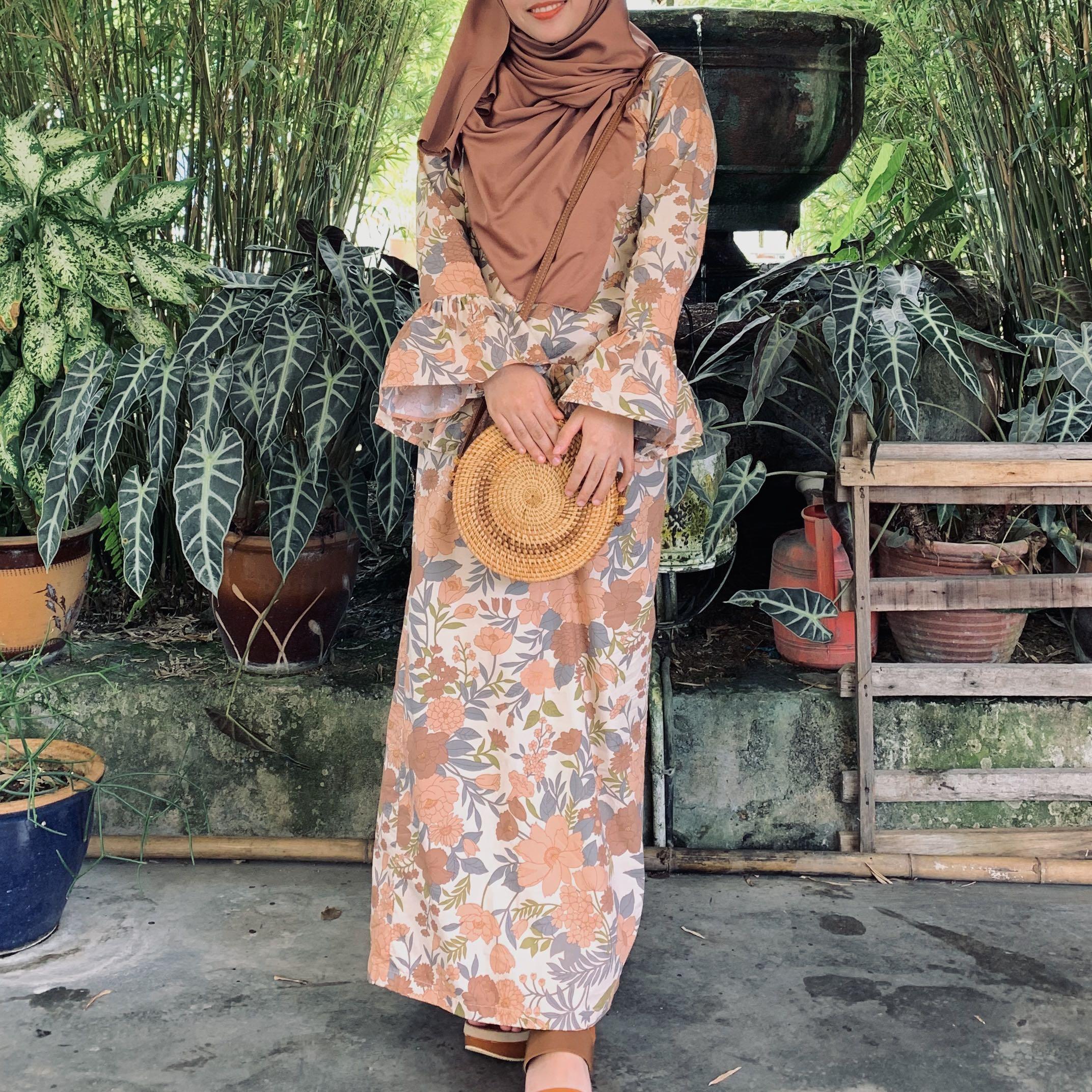 Brown Nude Baju Kurung Printed, Women's Fashion, Muslimah Fashion