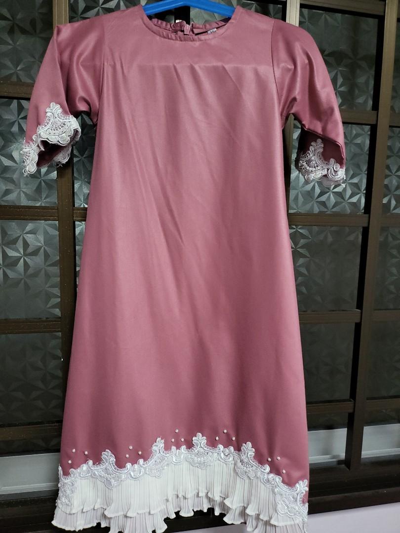Dusty pink dress with white lace pleated, Babies & Kids, Babies & Kids