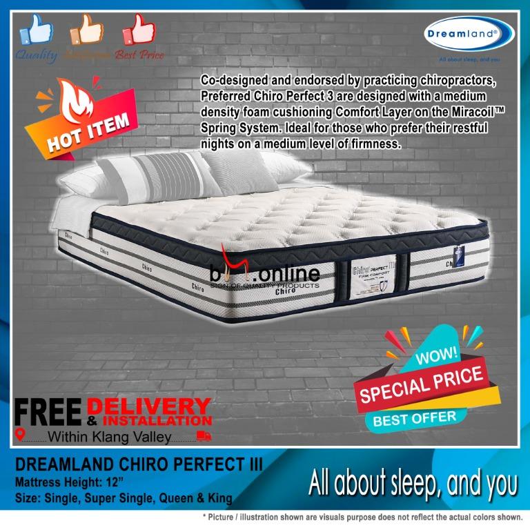 FREE DELIVERY BEST BUY 12 DREAMLAND CHIRO PERFECT 3 SPRING MATTRESS SIZE SINGLE SUPER SINGLE QUEEN KING