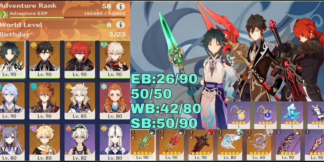 Genshin ImpactAr 58 Endgame Account15x5⭐Zhongli,Ayato,Childe,Kazuha