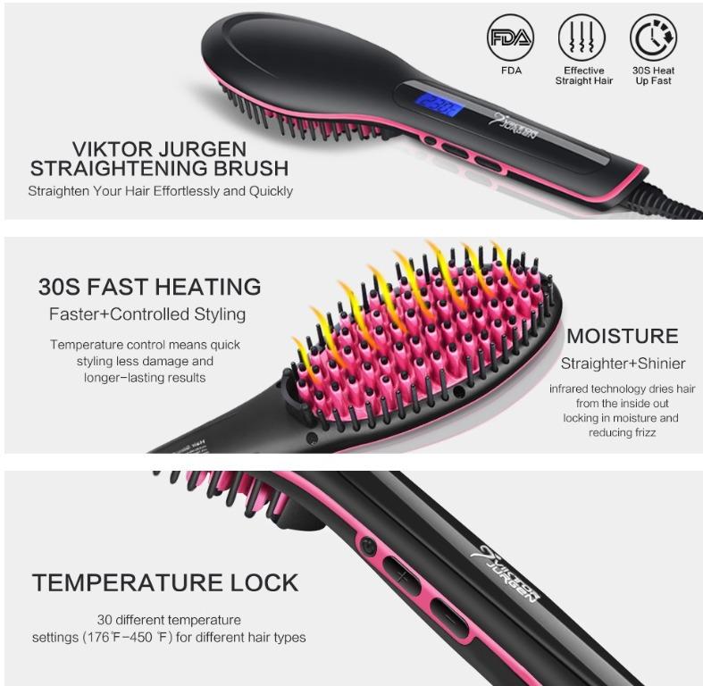 Hair Straightening Brush with Heating Fast Natural Straight Hair Styling Hair Straightener Brush by Viktor Jurgen Anti Scald Auto Shut Off