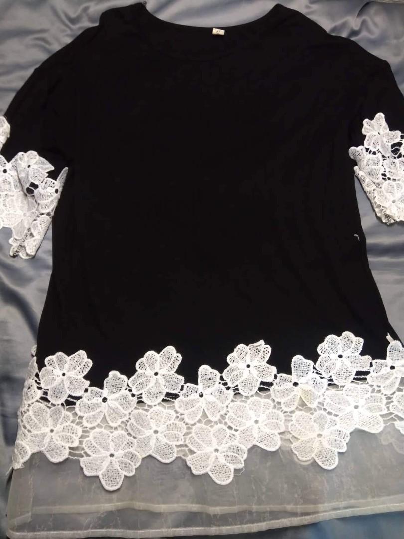 Lace detail shirt (Category: Blouses) located in Makati City. Submitted by so.manythings (Listing ID 1157009450, Image 1). Description: Stretchable fabric Slight stain at bottom lace part due to unuse and storage.